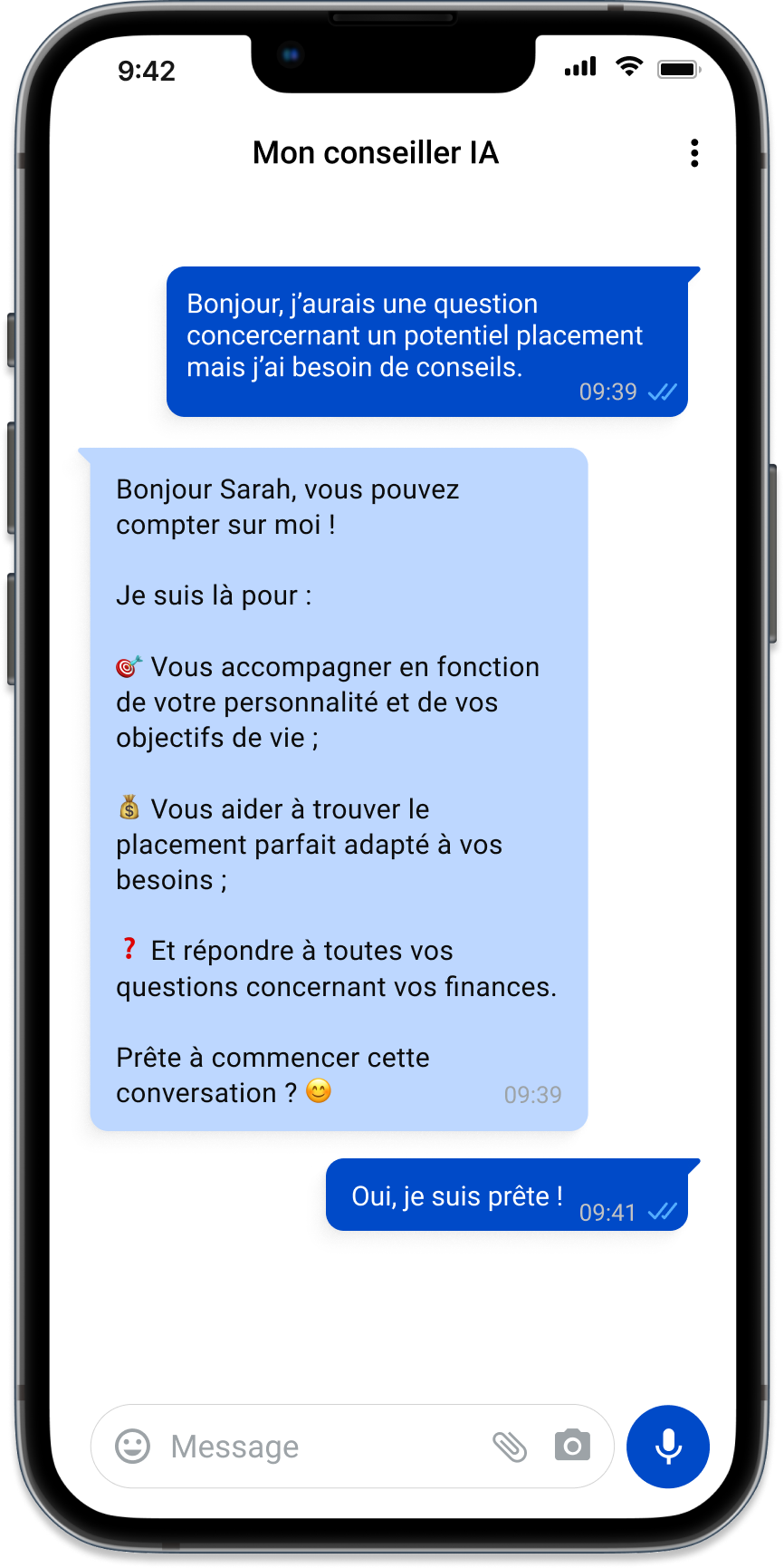 Mobile template with a user and the bot having a discussion about finance